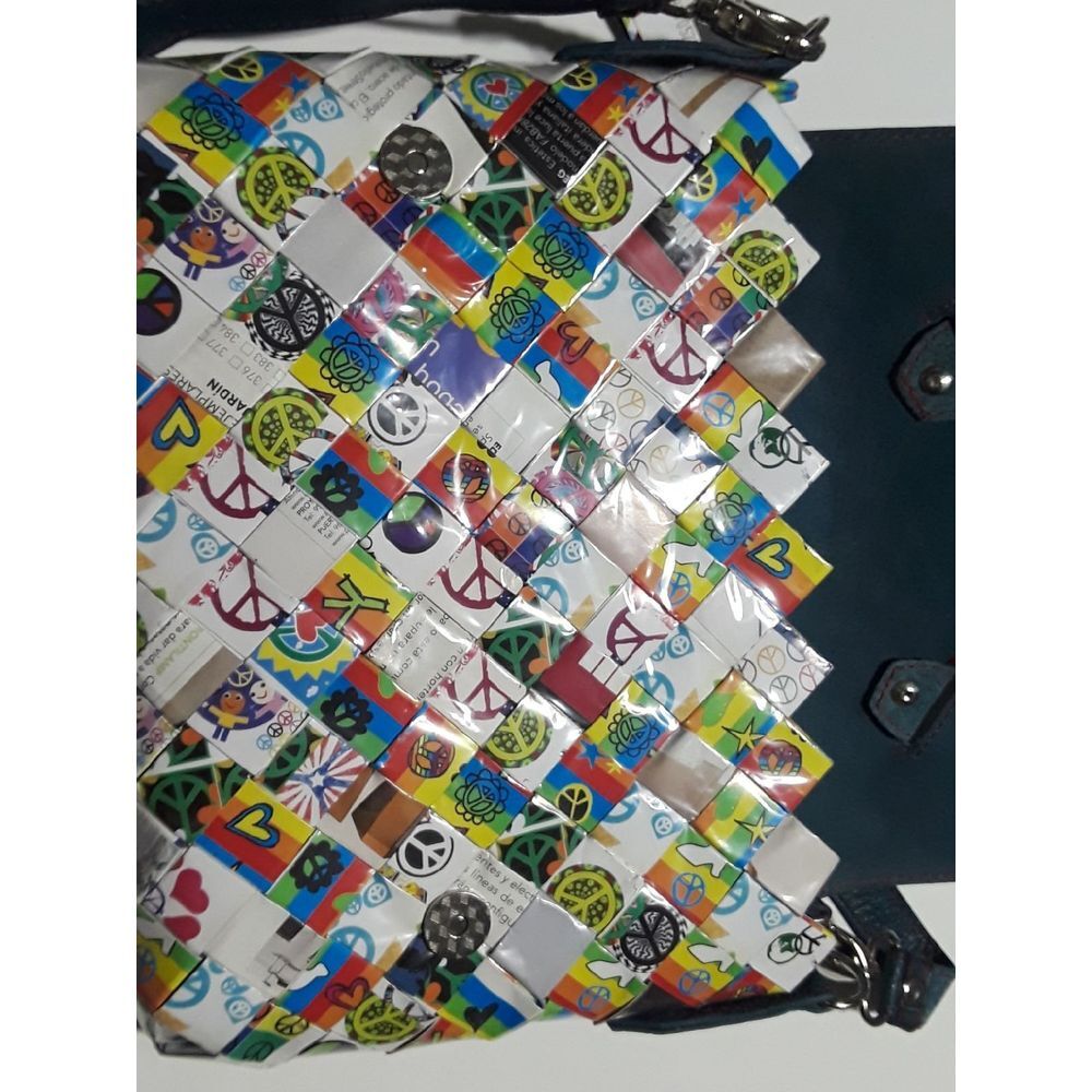 Rollin Arm Candy Crossbody Bag Upcycled Peace Sign Print Buckle Accent - Picture 3 of 3